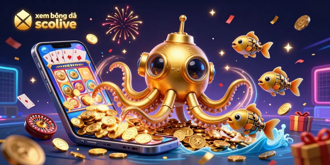 Play and enjoy xem bóng đá socolive with 3D golden kraken submarine amidst a sea of gold coins.