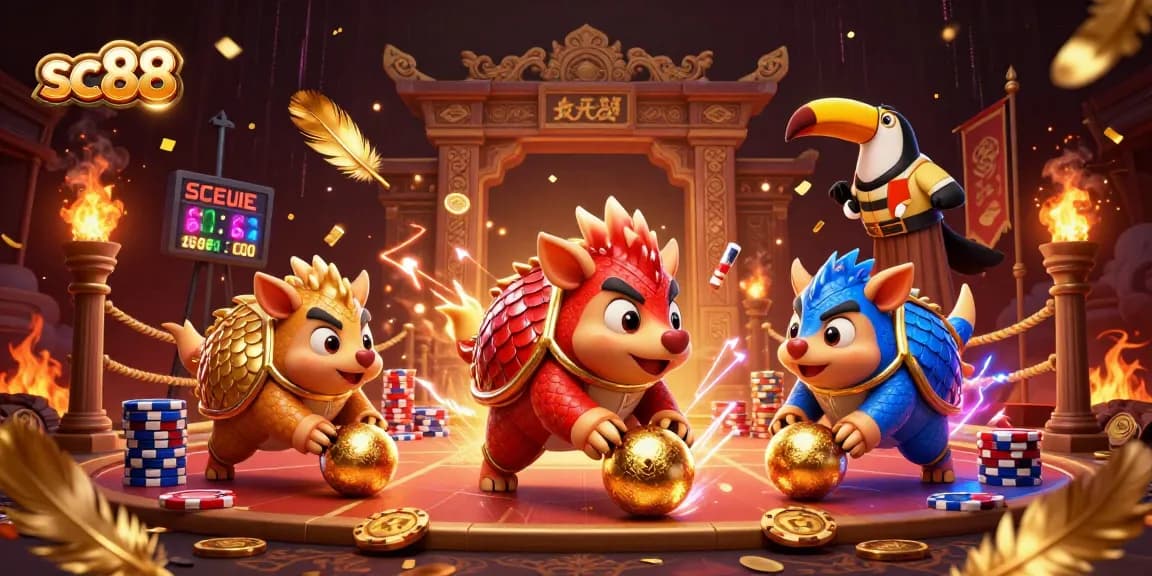 Watch sc88 pangolins compete in a thrilling poker game with vibrant casino elements.