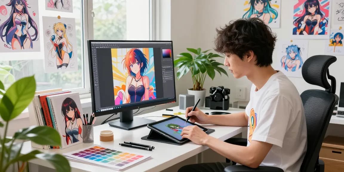 Artist creating vibrant ai ecchi anime characters in colorful digital studio.