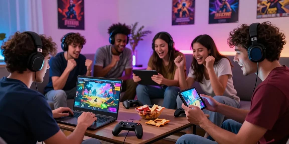 Engaging scene of players enjoying gay porn games on multiple devices in a lively gaming atmosphere.