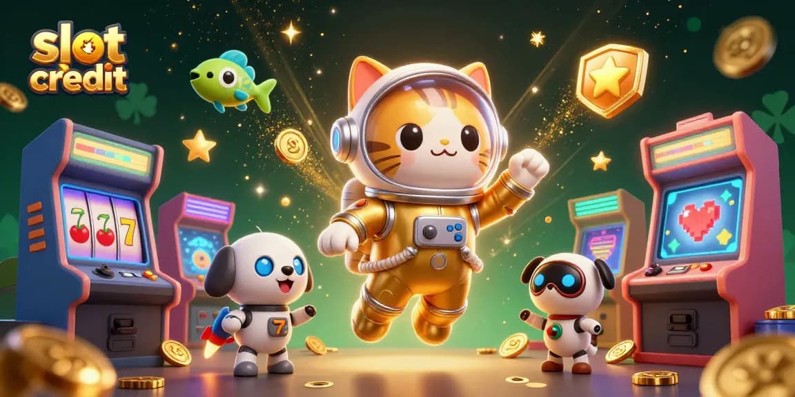 Enjoy slot free credit promotions with a vibrant scene of animated characters and casino elements.