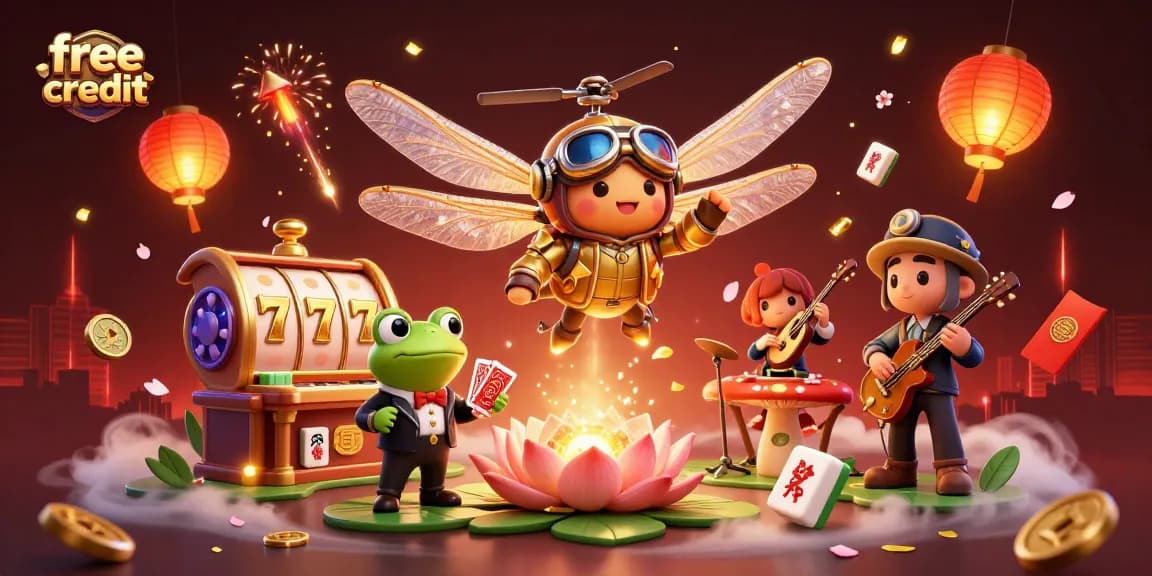 Experience free credit bonuses with a vibrant 3D casino scene featuring unique characters and slot reels.