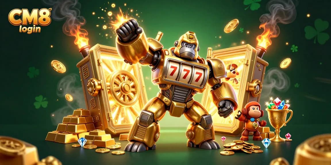 Engage with CM8 login for exhilarating casino experiences featuring a golden mech smashing through rewards.