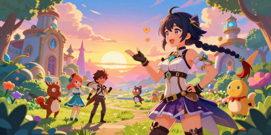 Engaging ecchi game scene showcasing a vibrant female protagonist interacting in a colorful fantasy world.