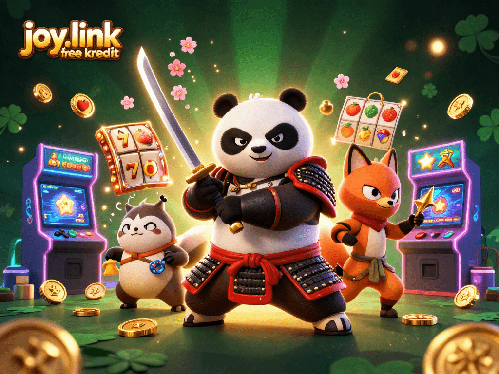 Experience joy.link free kredit with a vibrant, engaging casino-themed 3D illustration featuring dynamic gaming elements.