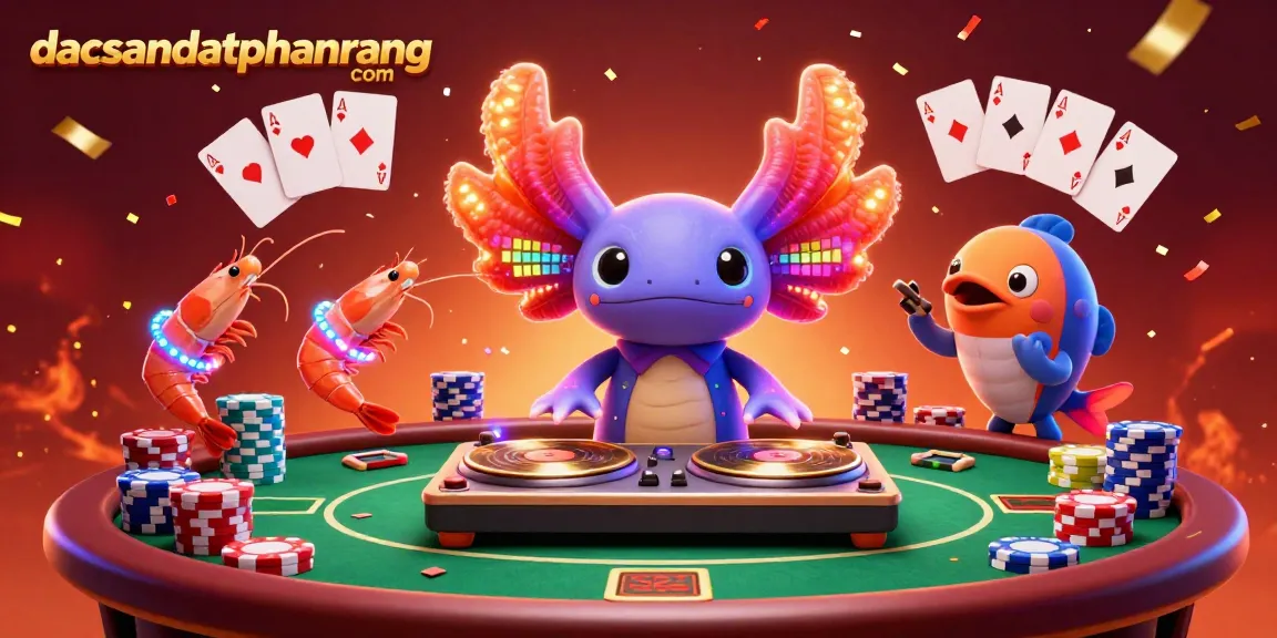 dacsandatphanrang com features a lively 3D casino scene with an axolotl DJ and vibrant poker elements.