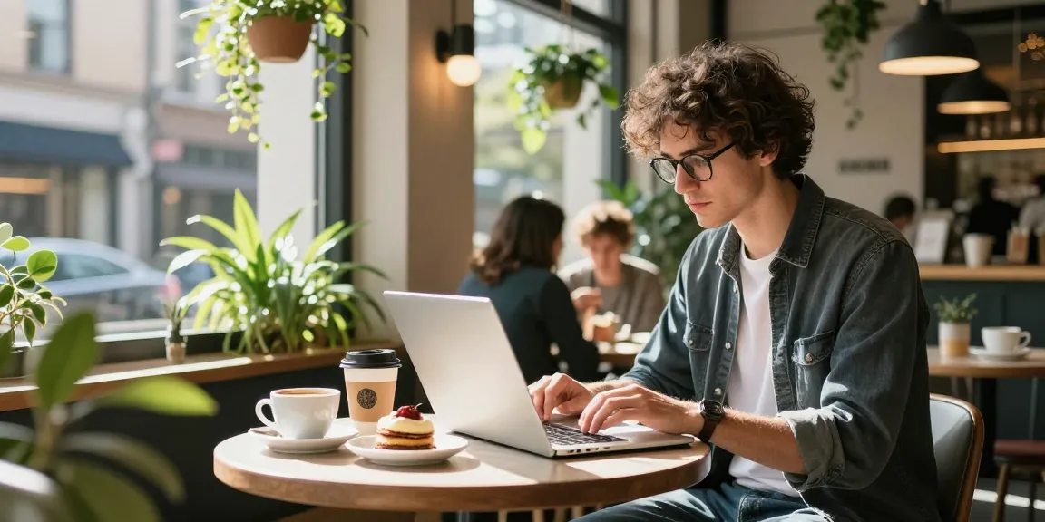 An individual engaging with https://www.sukan8a.com/ on a laptop at a stylish café, featuring artisan coffee and a cozy ambiance.