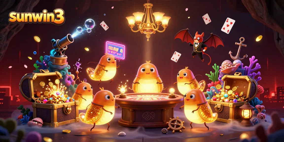 Engage with sunwin3 in a vibrant, animated casino scene illuminated by glowworms and decorated with treasures