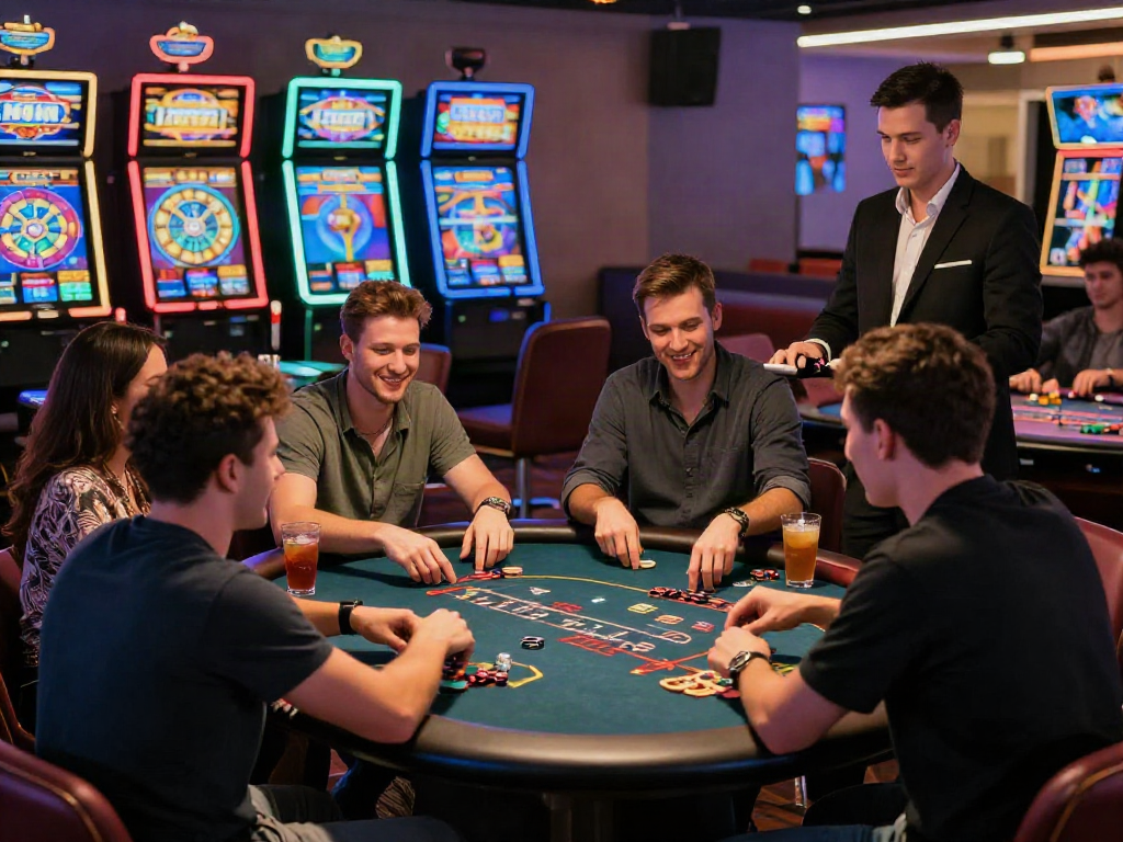 Exciting casino scene showcasing slot gacor malam ini with friends enjoying gaming around poker table.