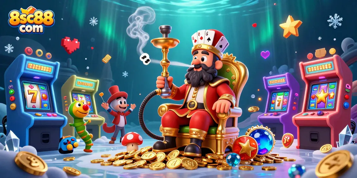 Experience thrilling gameplay at 8sc88 com with vibrant slot reels and a whimsical character.