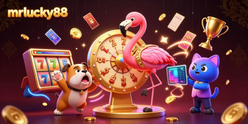 Spin to win with mrlucky88 as the flamingo host dazzles in a gold jacket alongside a bulldog contestant.