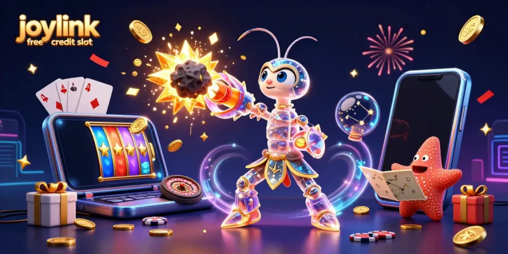 Engage in thrilling action with the joylink free credit slot featuring vibrant characters and casino symbols.