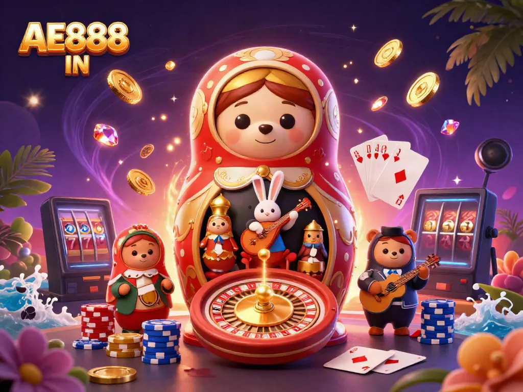 Experience the AE888 IN thrill with a vibrant 3D illustration featuring a playful Matryoshka bear and casino elements.