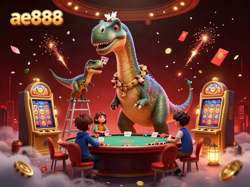 Experience the vibrant ae888 casino scene with a fun dinosaur and interactive poker action.
