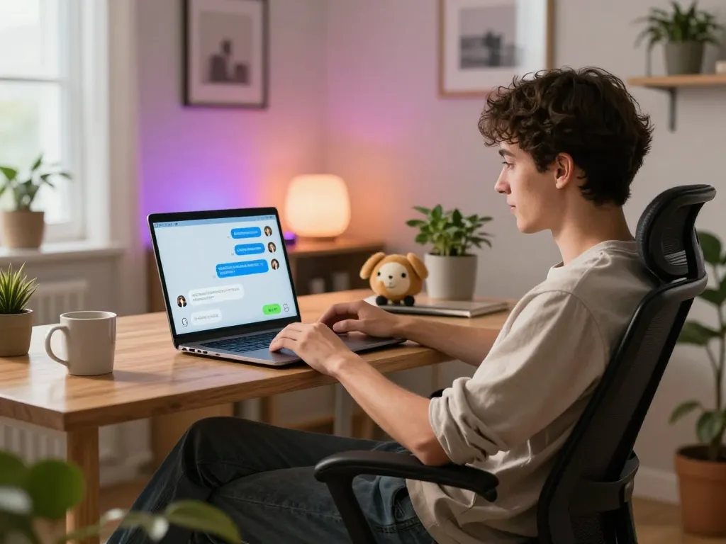 Engaging in ai sex chat with a virtual companion in a cozy home office, showcasing a contemporary digital relationship.