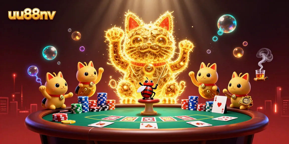 Experience thrilling gambling excitement with uu88nv's lucky cat amidst casino symbols and dynamic poker elements.