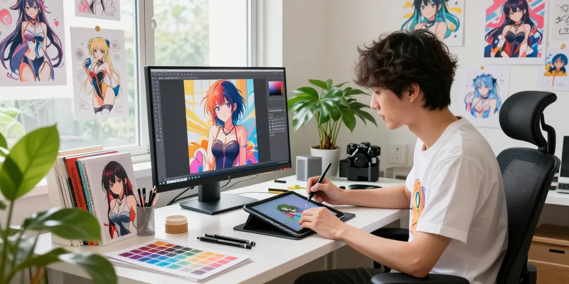 Artist creating vibrant ai ecchi anime characters in colorful digital studio.