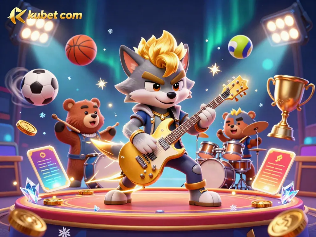 Experience gaming thrills with kubet com's electrifying 3D casino scene featuring rock star characters.