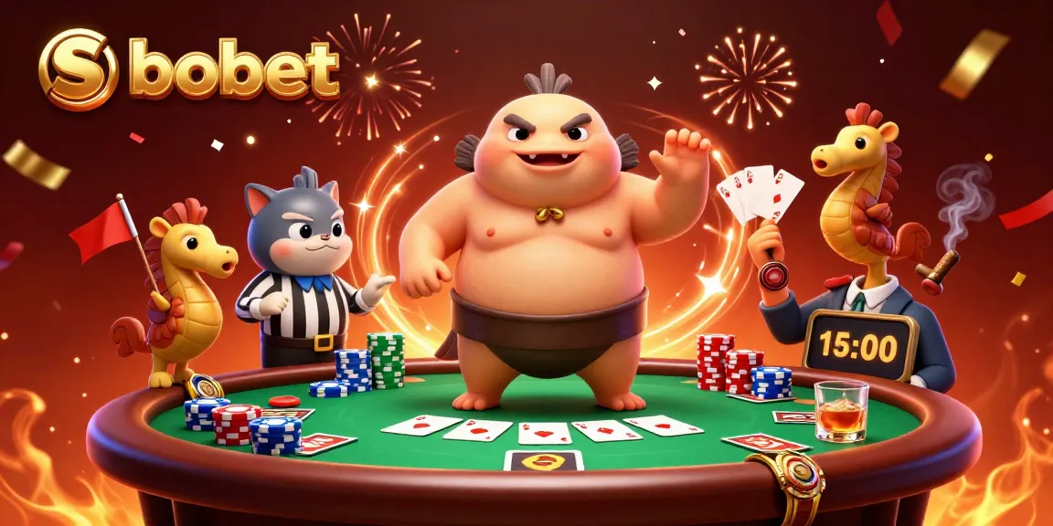 SBOBET betting scene featuring a fugu blowfish in a sumo ring, poker elements, and festive spectators.