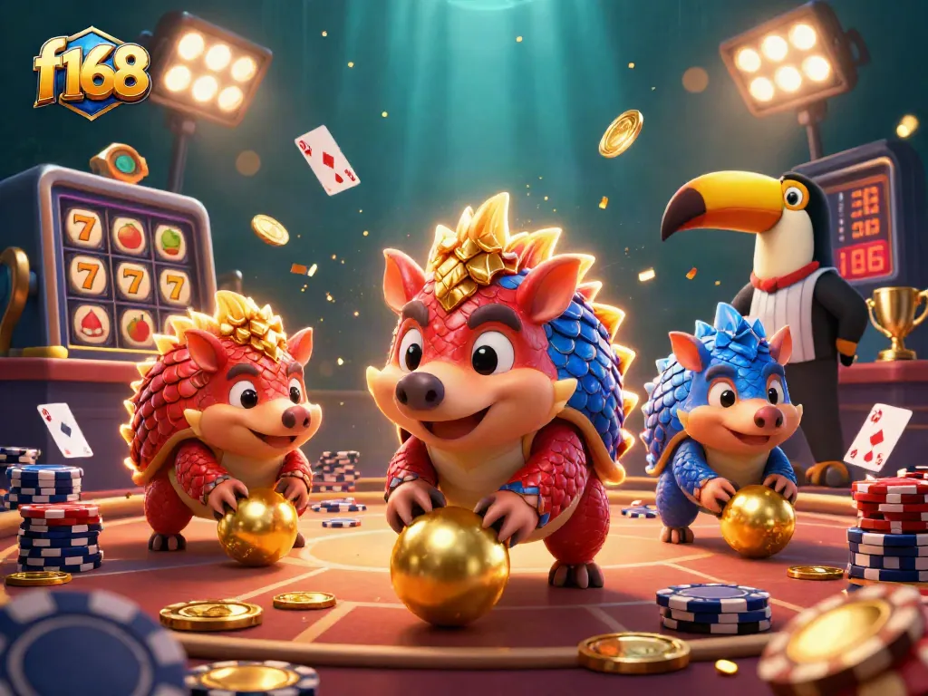 f168 offers an exciting casino game action scene with colorful pangolins and flying poker elements.