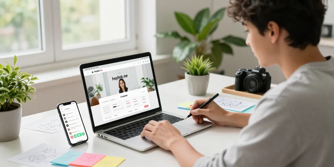Pengusaha muda menggunakan GEGESLOT di Heylink.me di ruang kerja modern.