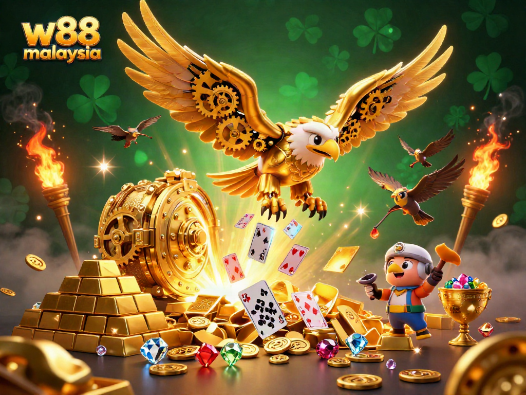 Engage in thrilling gaming with w88 Malaysia featuring a vibrant 3D scene filled with casino treasures.