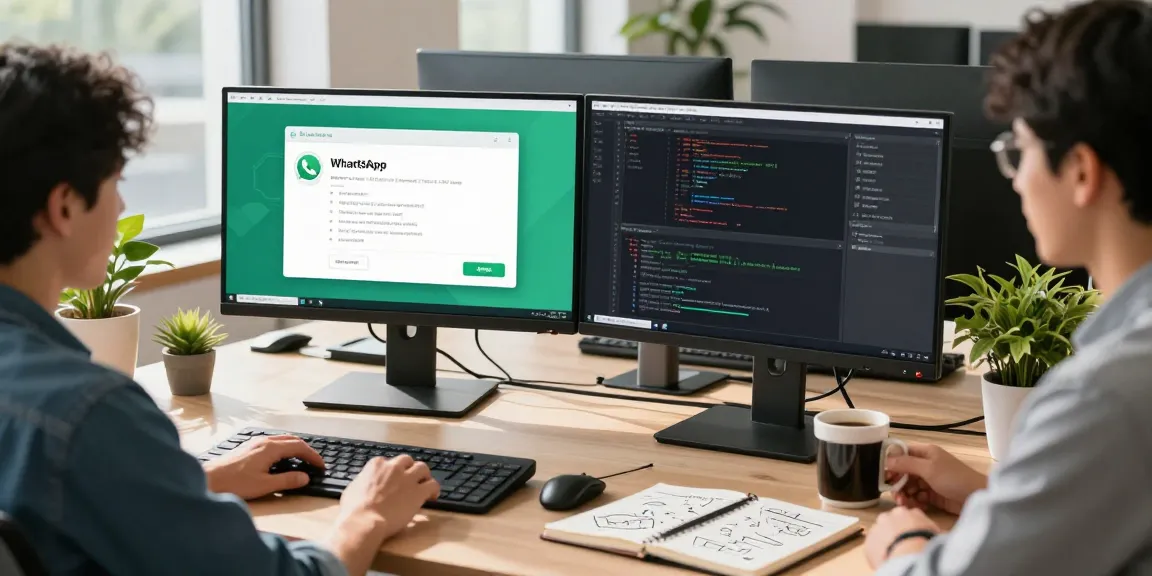 Engaged developer working on WhatsApp電腦版 in a modern office setting with multiple screens.