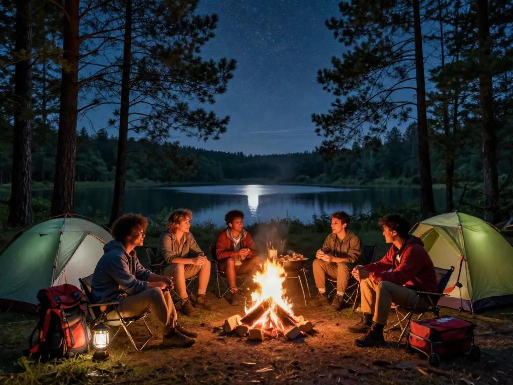 campers enjoying a fire with ROKOK88 gear in nature