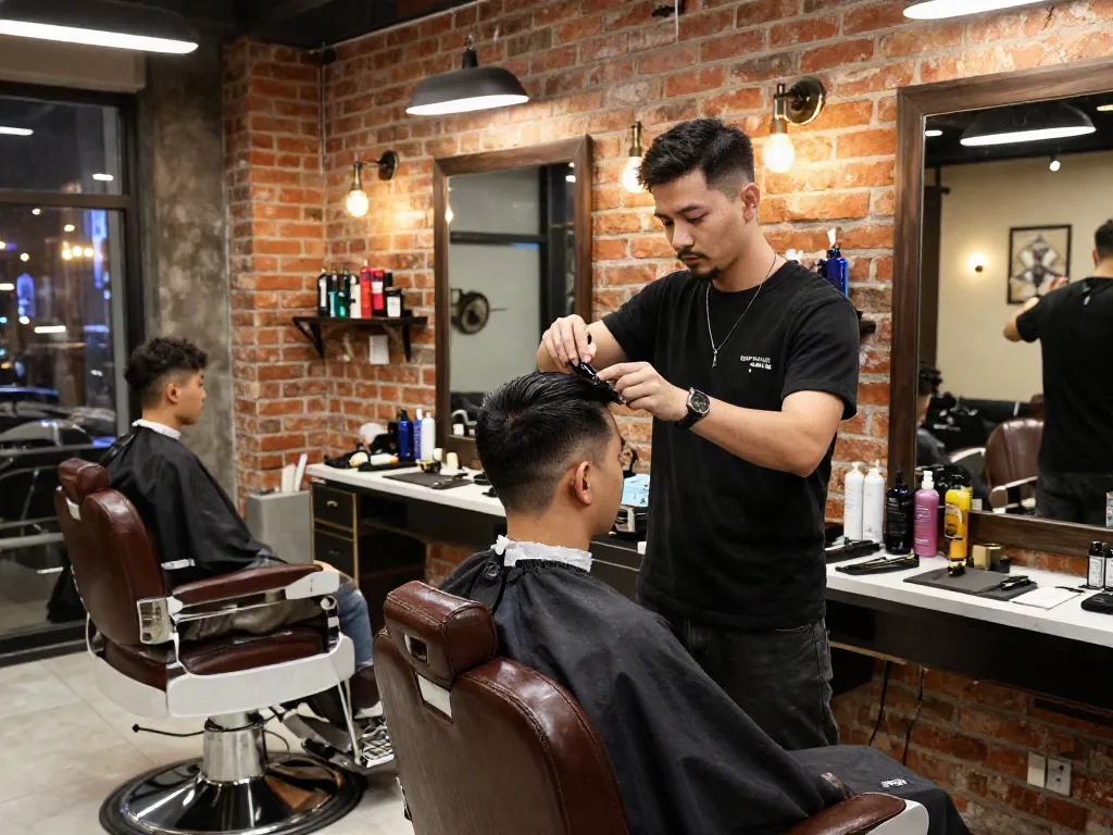 Stylish haircut session at a modern barbershop featuring rokok88 brand grooming products.