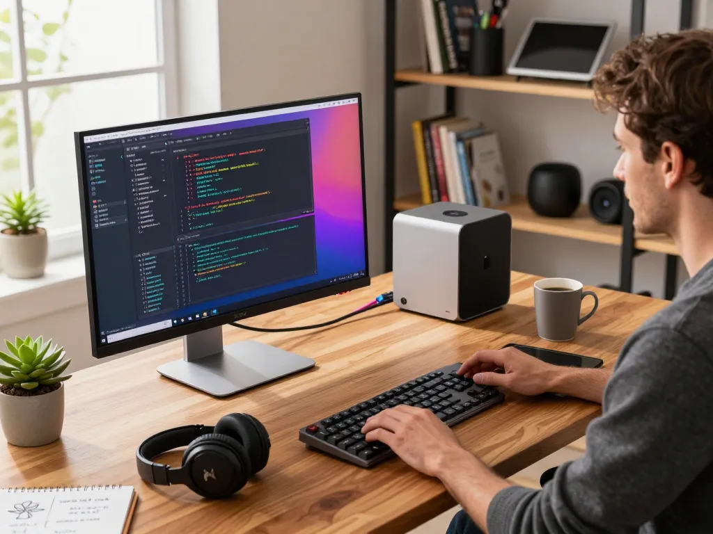Developer using mac mini in a modern home office setup with coding on screen.