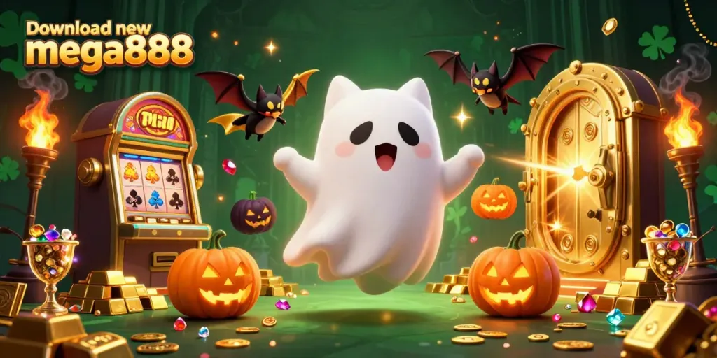Join the fun by downloading new mega888 in this vibrant haunted casino scene!