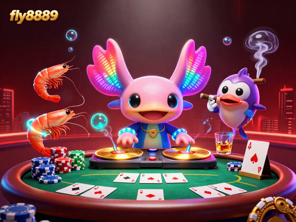 Engage with the thrilling ambiance of fly8889 as axolotl DJ spins records at an underwater casino scene.