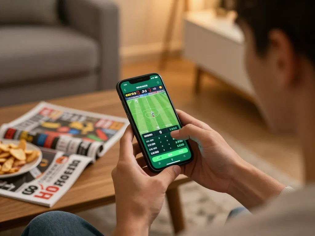Engaging in sports betting with a live app, showcasing keo nha cai on smartphone screen.