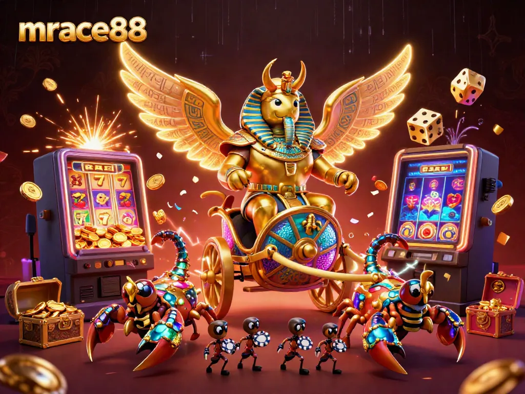 Spin the reels at mrace88 with vibrant casino elements and engaging characters in a captivating scene.