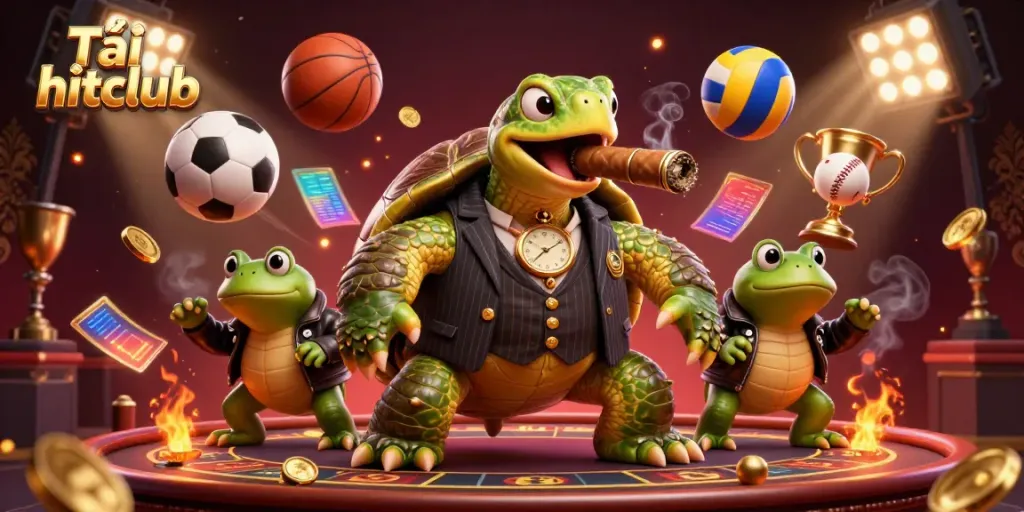 Tải hitclub promotes exciting casino action with a snapping turtle mobster and sports elements.