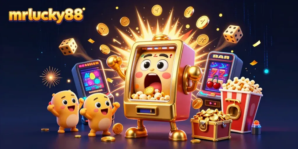 mrlucky88 celebrates winning with animated slot machines, coins flying, and festive lights.