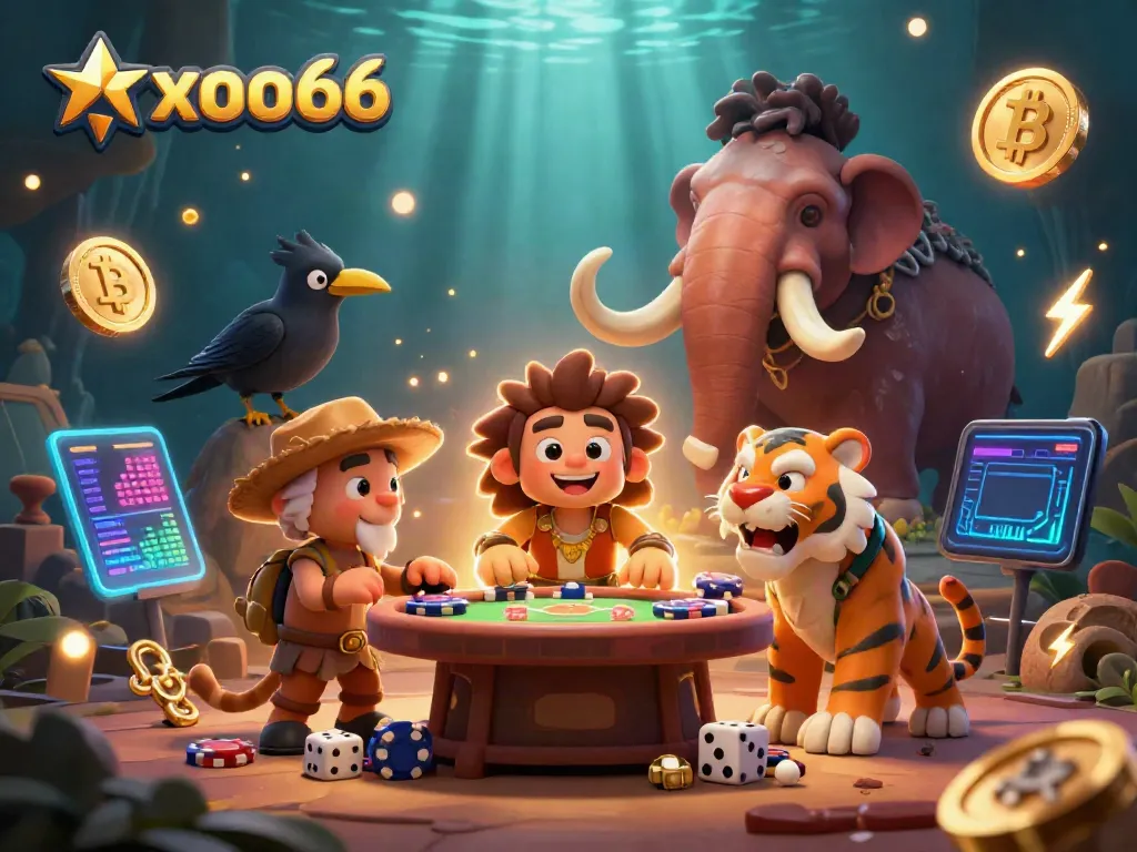 Experience thrilling winnings at xoso66 with a vibrant prehistoric casino scene featuring playful characters and crypto elements.