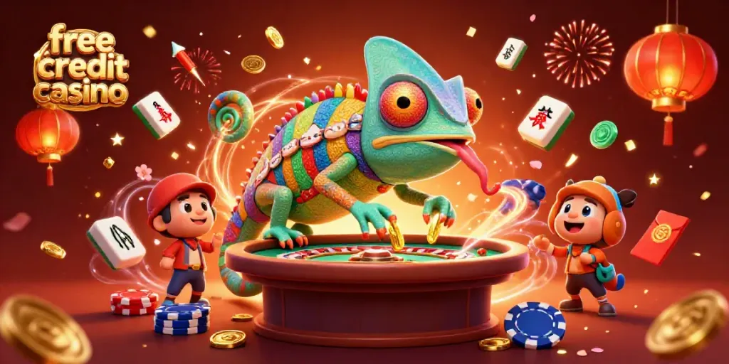 Engage in excitement at a vibrant free credit casino scene featuring a chameleon owner and festive elements.