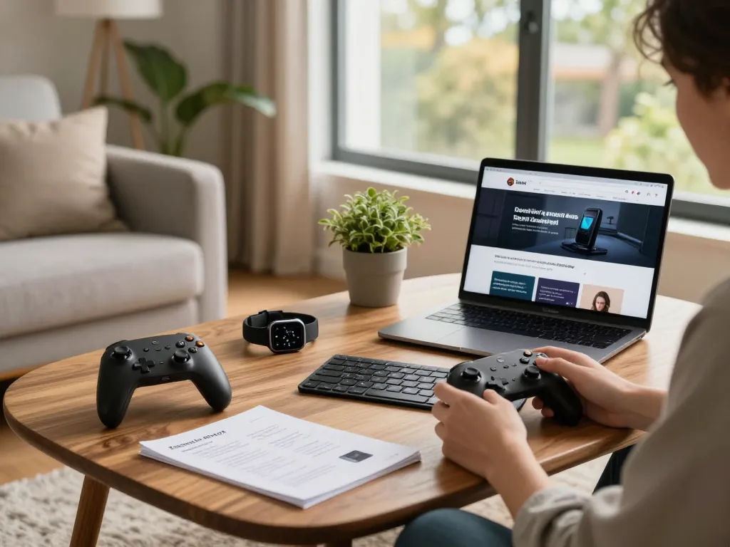 Person enjoying unique tech gadgets like controllers, smartwatches, and keyboards in a cozy home setting, showcasing innovative technology.