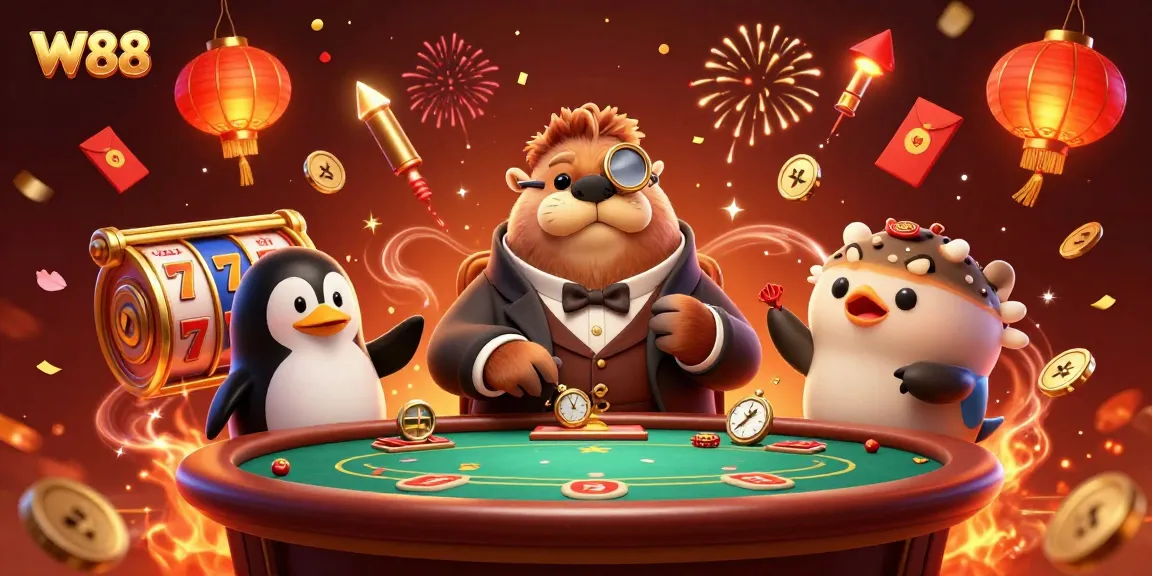 W88 online casino features a jolly walrus and friends at a dynamic poker table.