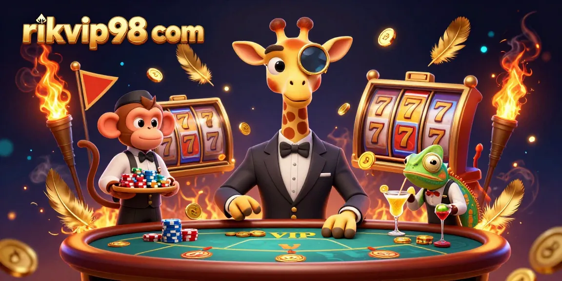 Experience thrilling gaming at rikvip98 com with a VIP giraffe at the poker table surrounded by dazzling casino elements.