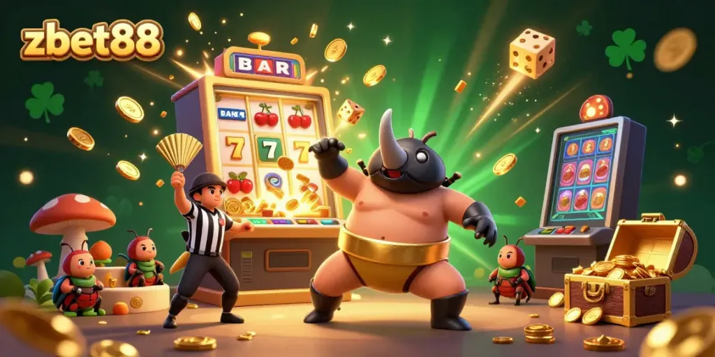 Experience exciting wins with zbet88 in a vibrant casino-themed 3D illustration showcasing a beetle champion.
