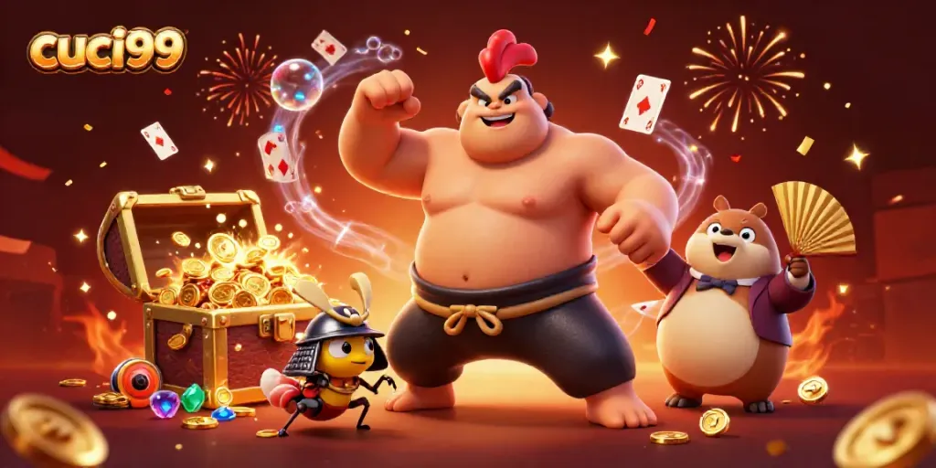 Join the action at cuci99 with a powerful sumo rooster, fierce samurai cricket, and vibrant casino elements.