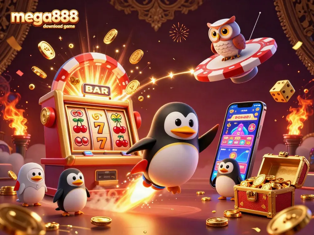 Engage with the mega888 download game featuring a lively scene of a golden penguin and casino elements bustling with action.