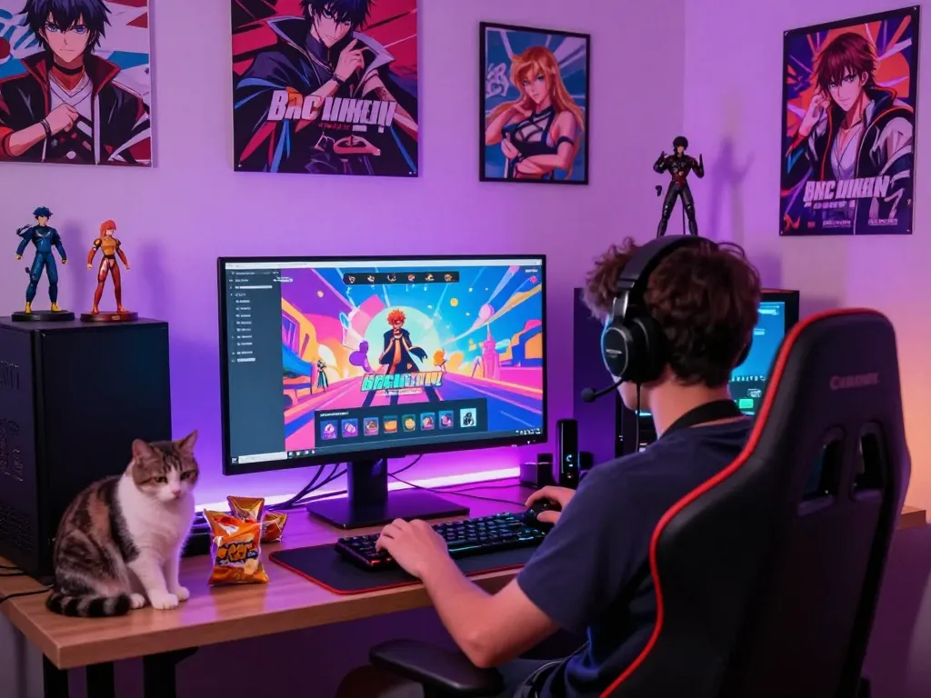 Engaged player immersed in a colorful porno game environment featuring vibrant graphics and interactive gameplay.