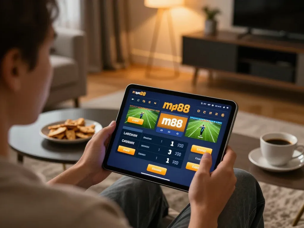 Engaged player exploring m88 casino app for sports betting in a stylish home setup