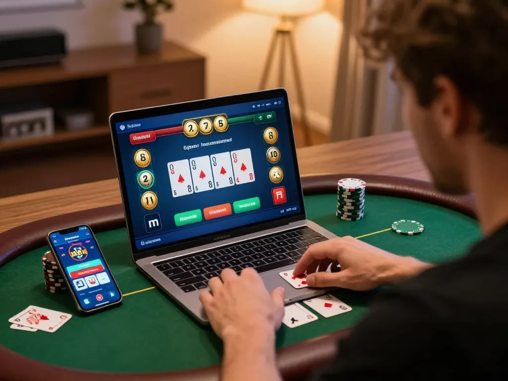 Player engaging in online poker game at home while using f8betlv on a laptop and smartphone