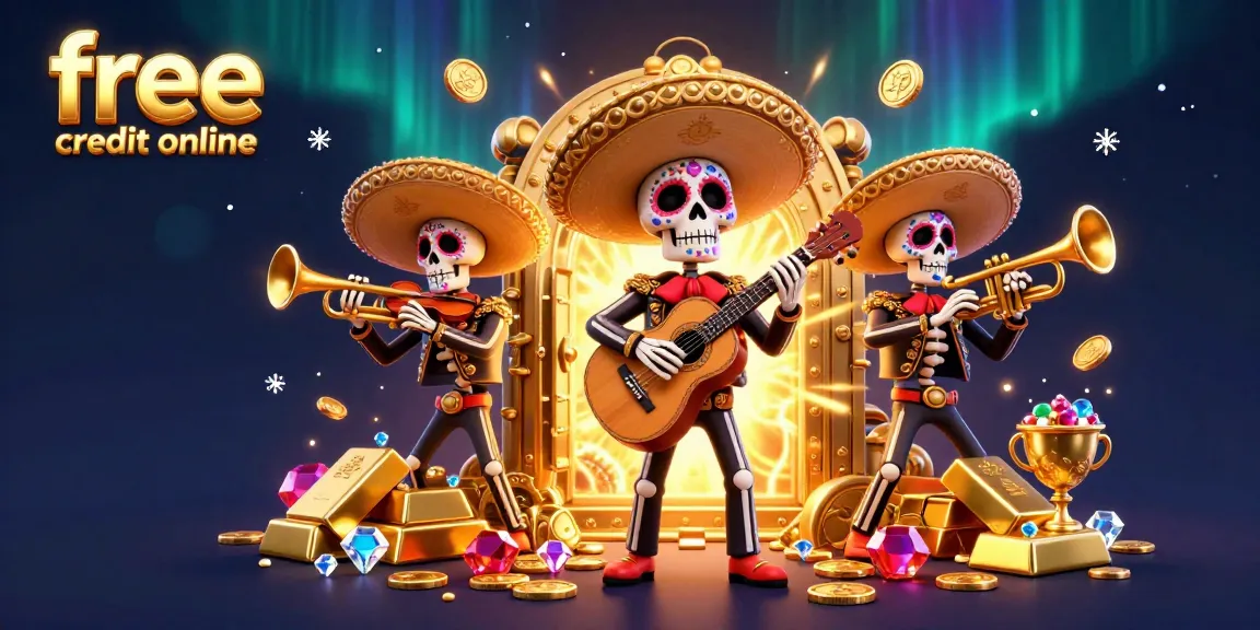 Experience vibrant free credit online opportunities with a lively mariachi band amidst treasures and casino items.