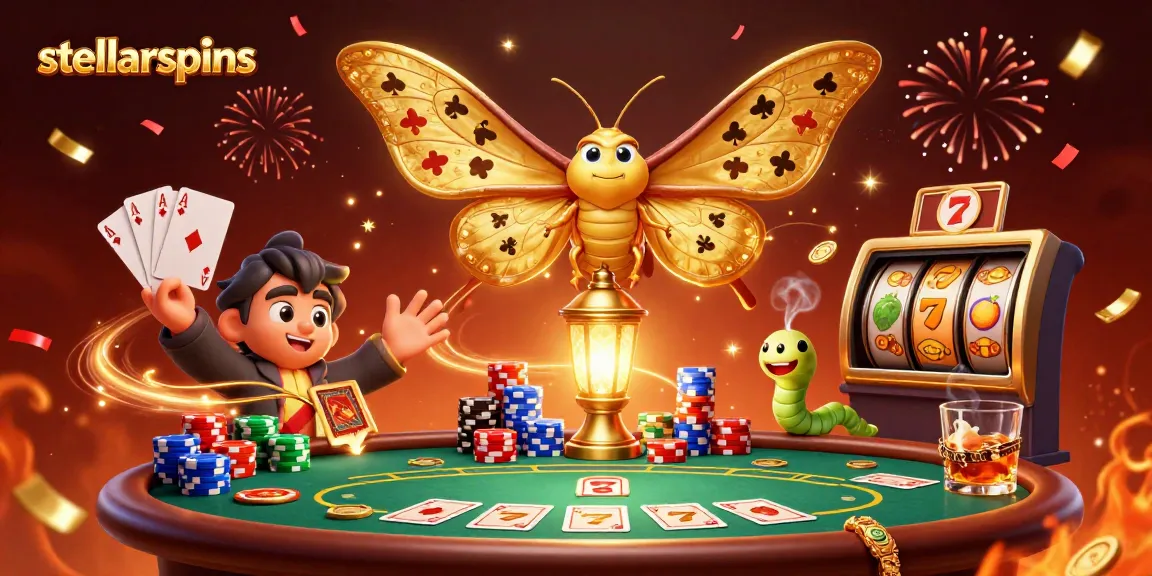 Play stellarspins and enjoy vibrant 3D casino excitement with golden moths and dynamic slot elements.